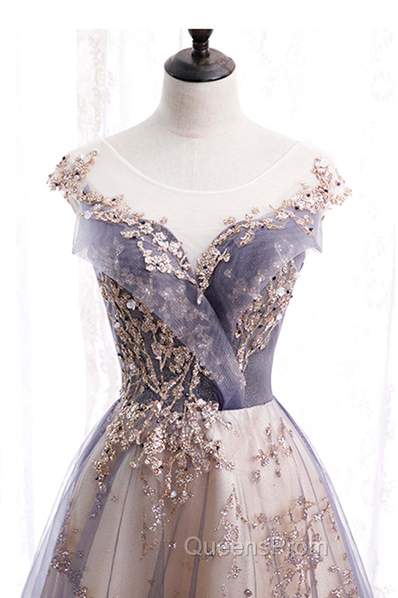 A-Line Tulle Long Evening Prom Dress with Sequins, Cute Scoop Neckline Evening Dress Secondary image