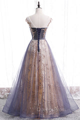 A-Line Tulle Long Evening Prom Dress with Sequins, Cute Scoop Neckline Evening Dress