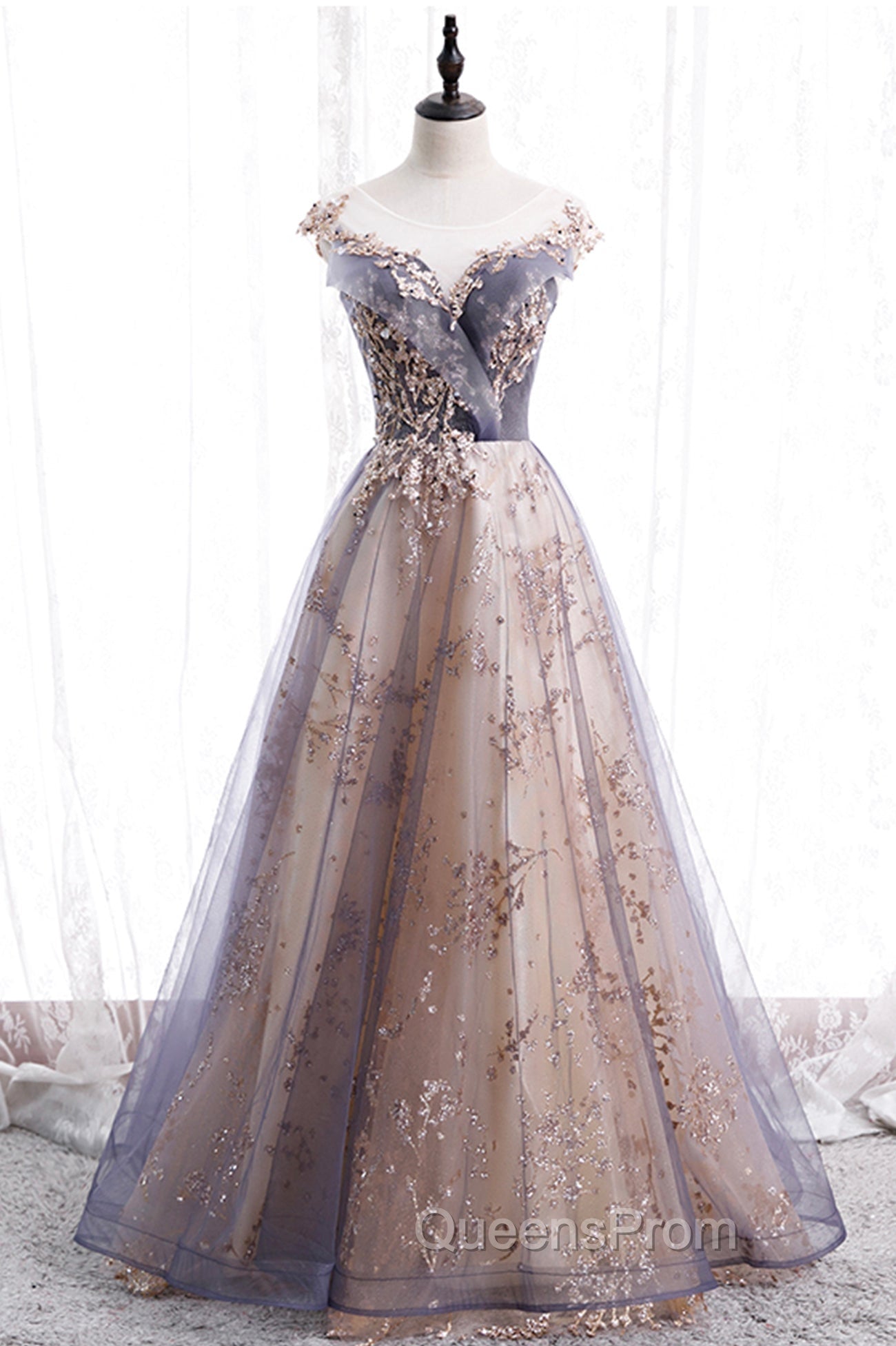 A-Line Tulle Long Evening Prom Dress with Sequins, Cute Scoop Neckline Evening Dress Main image