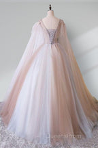 A Line Tulle Pink Embroidery Appliqued Long Evening Prom Dress