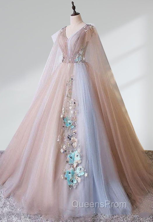 A Line Tulle Pink Embroidery Appliqued Long Evening Prom Dress