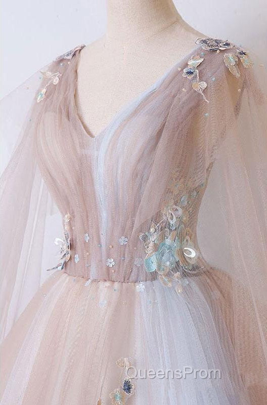 A Line Tulle Pink Embroidery Appliqued Long Evening Prom Dress