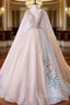 A Line Tulle Pink Embroidery Appliqued Long Evening Prom Dress