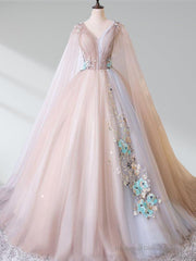 A Line Tulle Pink Embroidery Appliqued Long Prom Dresses