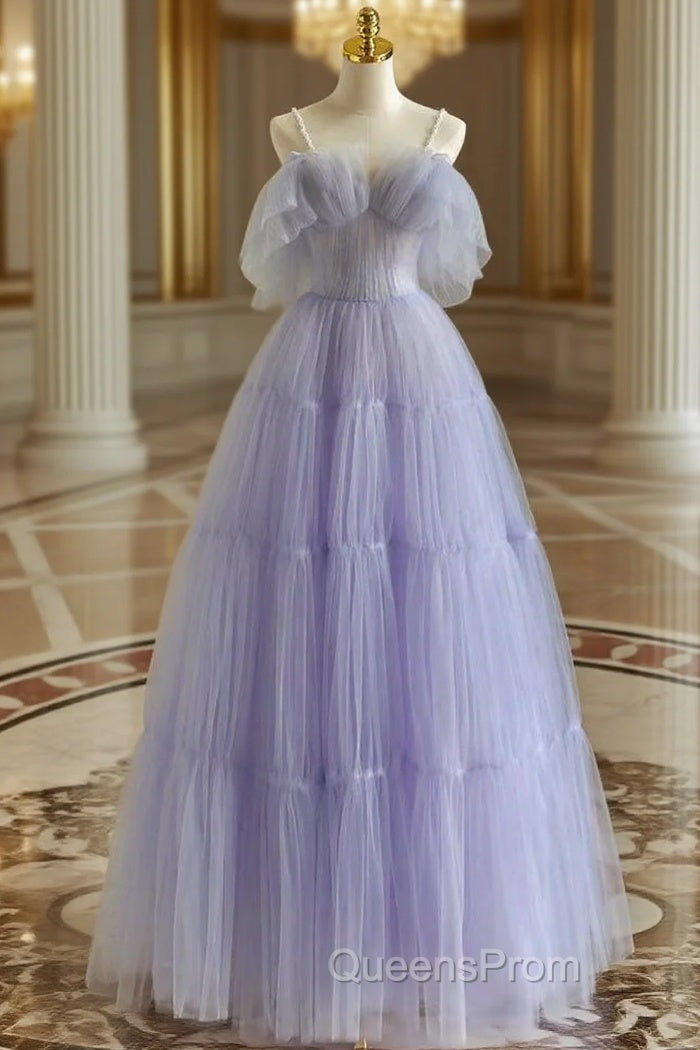 A-Line Tulle Purple Long Evening Prom Dress, Purple Long Graduation Dress Main image
