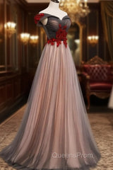A-line Tulle Ruched Embellished Evening Prom Dress, Long Party Dress