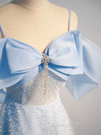 A-Line Tulle Sequin Blue Long Evening Prom Dress, Blue Long Evening Dress