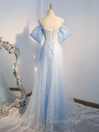 A-Line Tulle Sequin Blue Long Evening Prom Dress, Blue Long Evening Dress