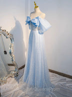 A-Line Tulle Sequin Blue Long Evening Prom Dress, Blue Long Evening Dress