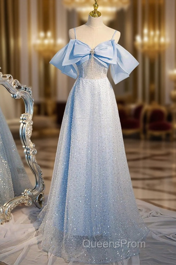 A-Line Tulle Sequin Blue Long Evening Prom Dress, Blue Long Evening Dress