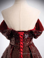 A-Line Tulle Sequin Burgundy Long Evening Prom Dress, Off Shoulder Burgundy Evening Dress
