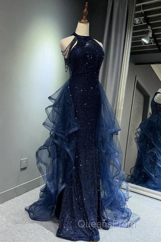 A-Line Tulle Sequin Dark Blue Long Evening Prom Dress, Dark Blue Long Formal Dress Secondary image