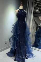 A-Line Tulle Sequin Dark Blue Long Evening Prom Dress, Dark Blue Long Formal Dress