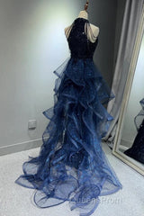 A-Line Tulle Sequin Dark Blue Long Evening Prom Dress, Dark Blue Long Formal Dress