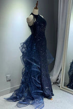 A-Line Tulle Sequin Dark Blue Long Evening Prom Dress, Dark Blue Long Formal Dress