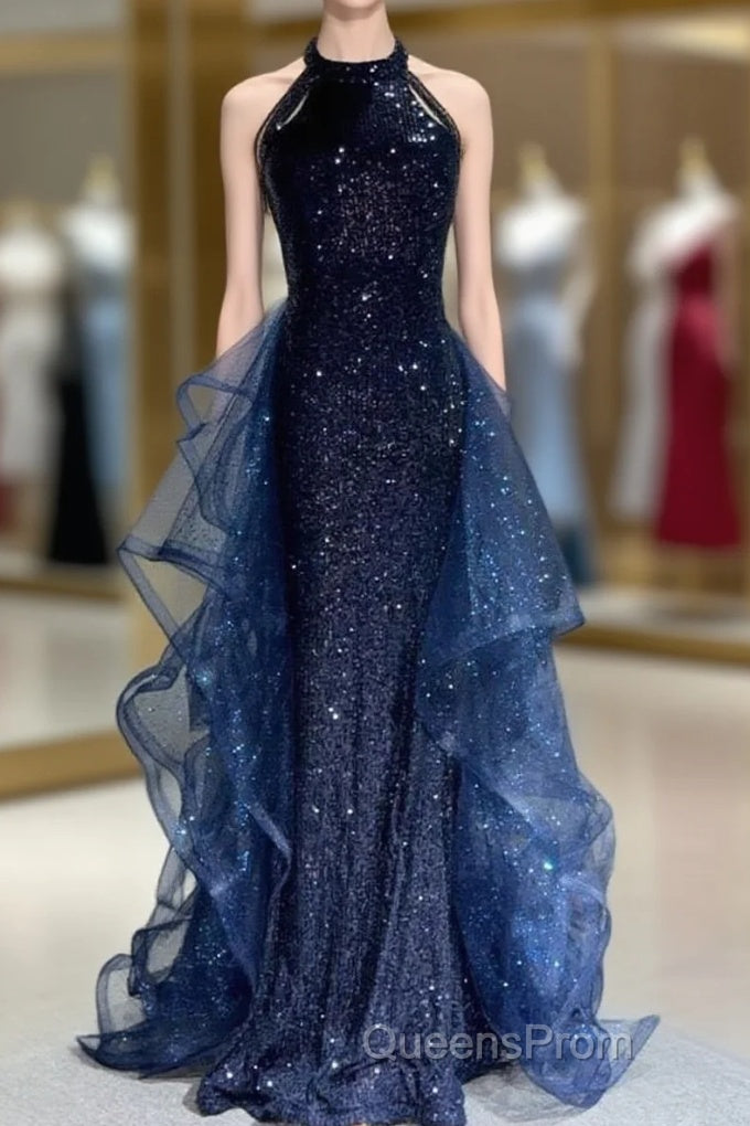 A-Line Tulle Sequin Dark Blue Long Evening Prom Dress, Dark Blue Long Formal Dress Main image