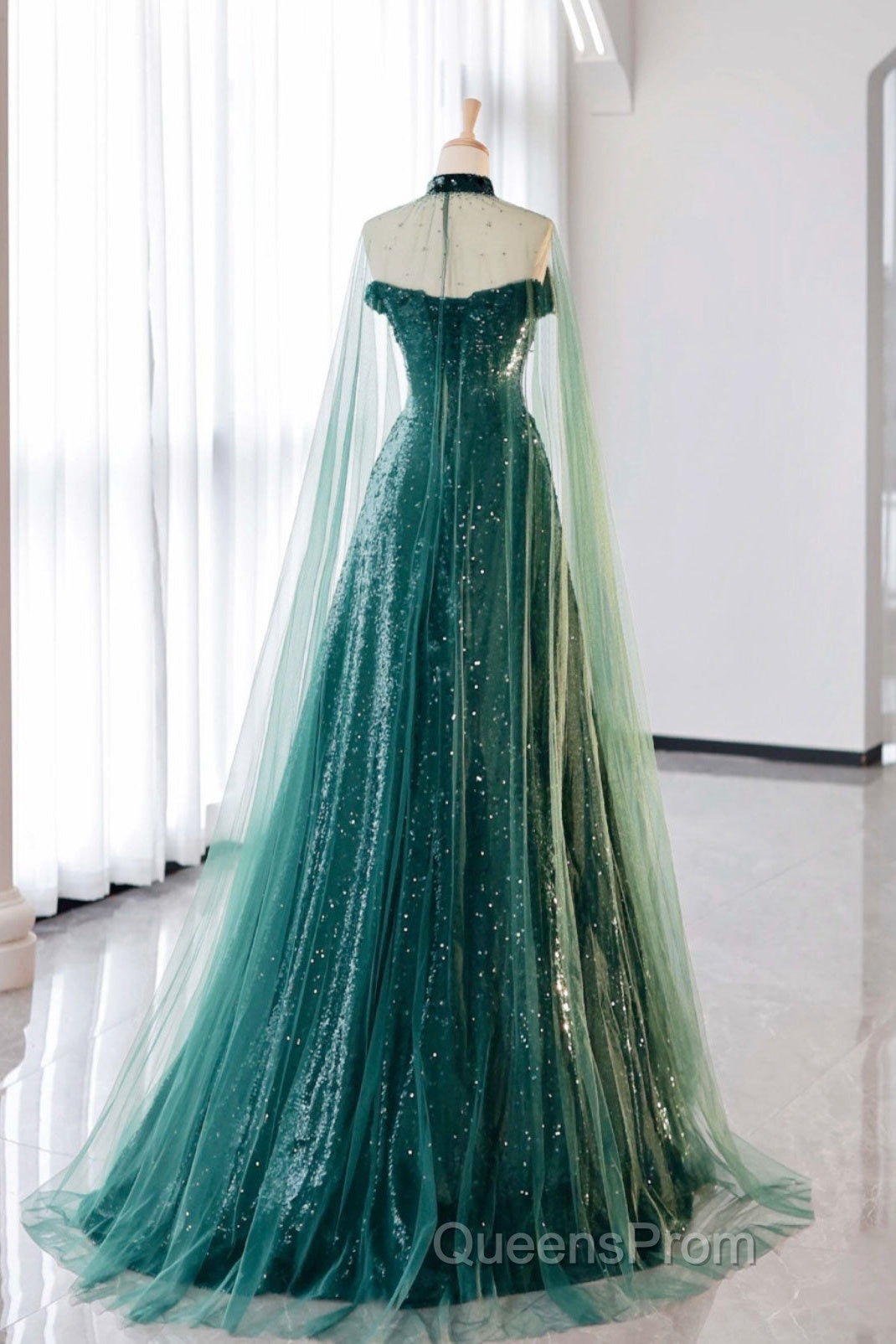 A-Line Tulle Sequin Green Long Evening Prom Dress, Green Formal Evening Dress Secondary image