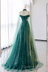 A-Line Tulle Sequin Green Long Evening Prom Dress, Green Formal Evening Dress