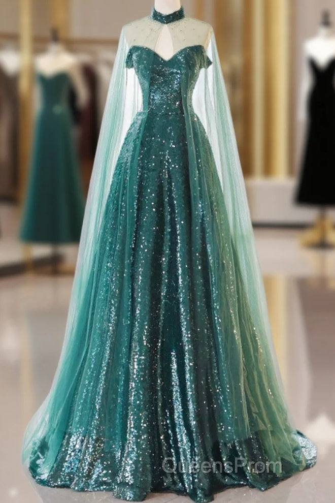 A-Line Tulle Sequin Green Long Evening Prom Dress, Green Formal Evening Dress Main image