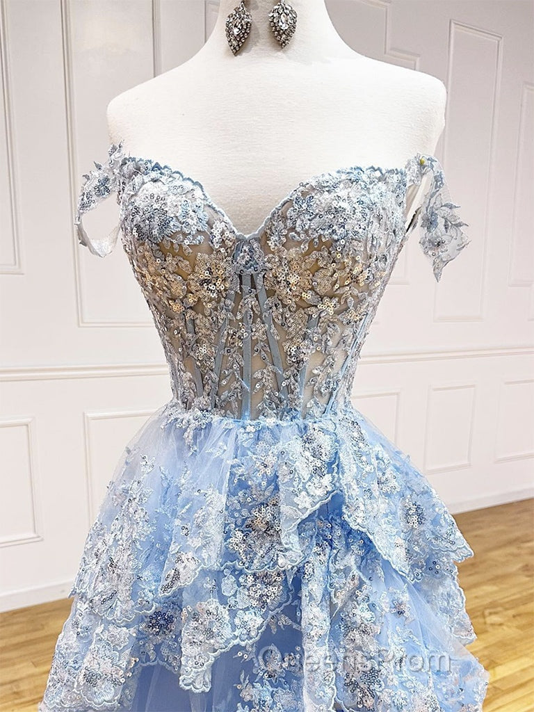 A-Line Tulle Sequin Lace Blue Long Evening Prom Dress, Blue Long Formal Dress Secondary image