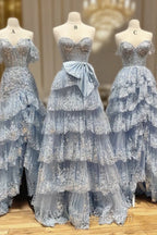 A-Line Tulle Sequin Lace Blue Long Evening Prom Dress, Blue Long Formal Dress