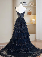 A-Line Tulle Sequin Navy Blue Long Evening Prom Dress, Navy Blue Sequin Long Evening Dress