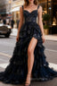 A-Line Tulle Sequin Navy Blue Long Evening Prom Dress, Navy Blue Sequin Long Evening Dress