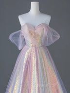 A-Line Tulle Sequin Pink Long Evening Prom Dress, Pink Tulle Long Evening Dress