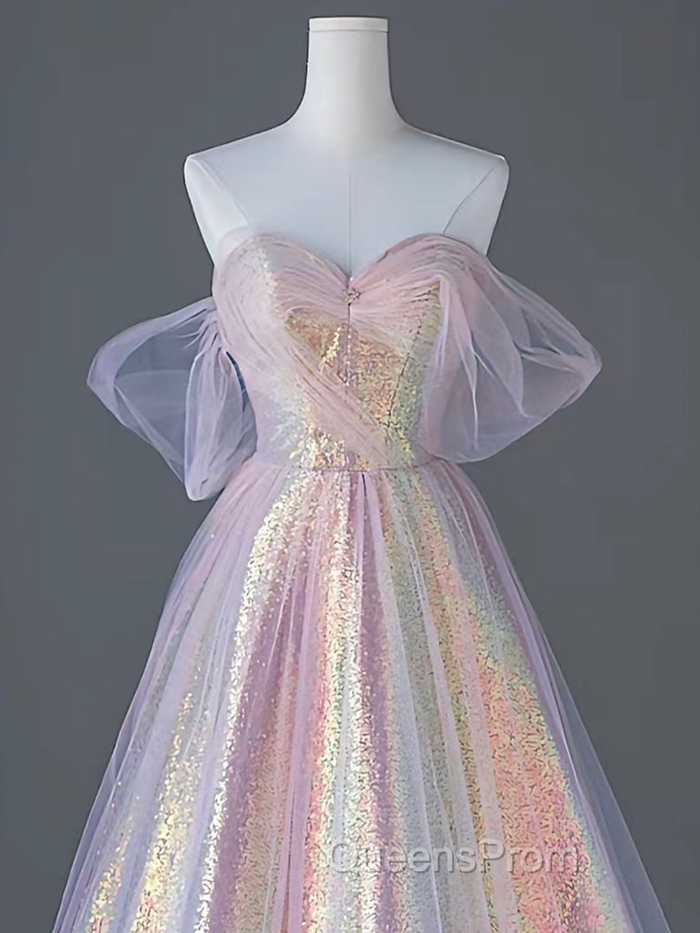 A-Line Tulle Sequin Pink Long Evening Prom Dress, Pink Tulle Long Evening Dress