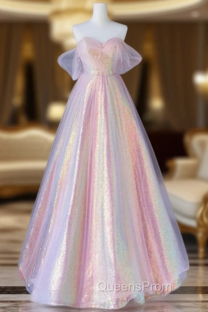 A-Line Tulle Sequin Pink Long Evening Prom Dress, Pink Tulle Long Evening Dress Main image