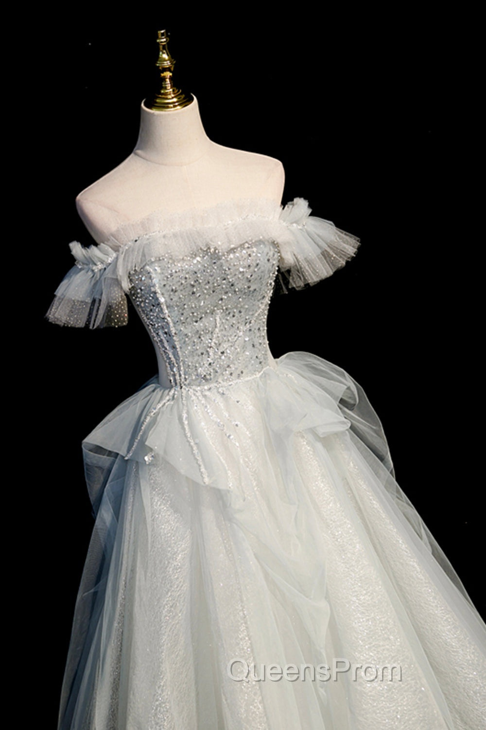 A-Line Tulle Sequins Long Evening Prom Dress, Off the Shoulder Evening Dress Secondary image