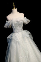 A-Line Tulle Sequins Long Evening Prom Dress, Off the Shoulder Evening Dress