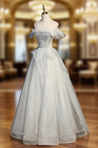 A-Line Tulle Sequins Long Evening Prom Dress, Off the Shoulder Evening Dress