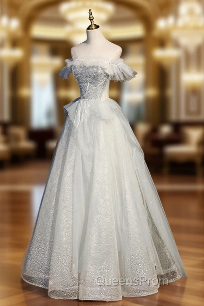 A-Line Tulle Sequins Long Evening Prom Dress, Off the Shoulder Evening Dress