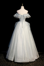 A-Line Tulle Sequins Long Evening Prom Dress, Off the Shoulder Evening Dress