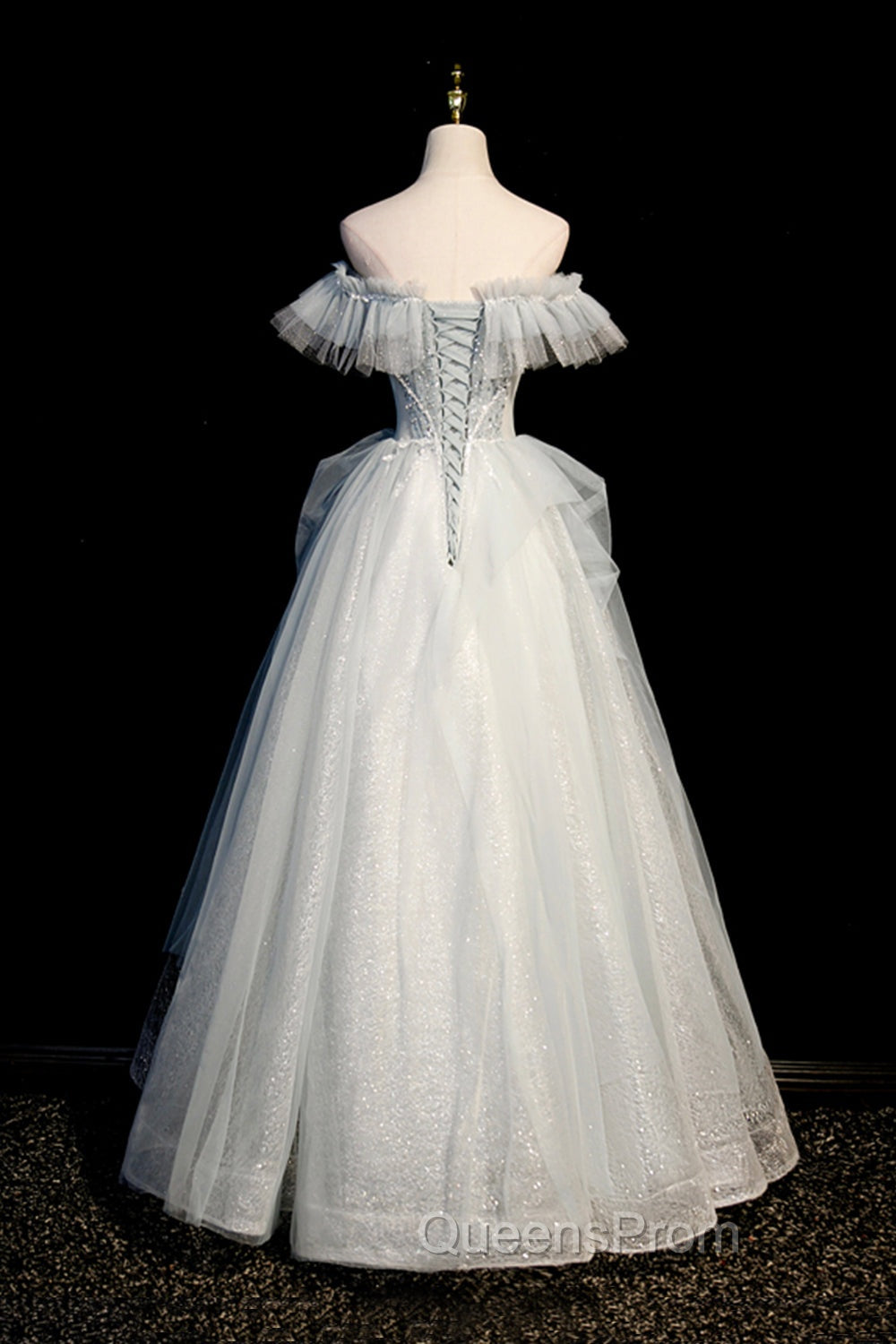 A-Line Tulle Sequins Long Evening Prom Dress, Off the Shoulder Evening Dress
