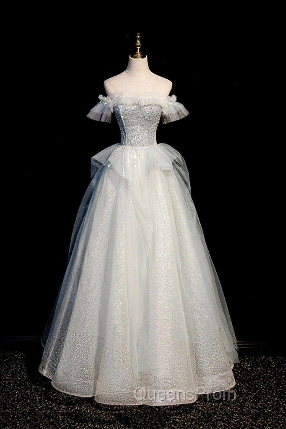 A-Line Tulle Sequins Long Evening Prom Dress, Off the Shoulder Evening Dress