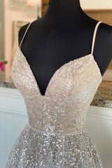 A-Line Tulle Sequins Long Evening Prom Dress, Spaghetti Strap Backless Evening Dress