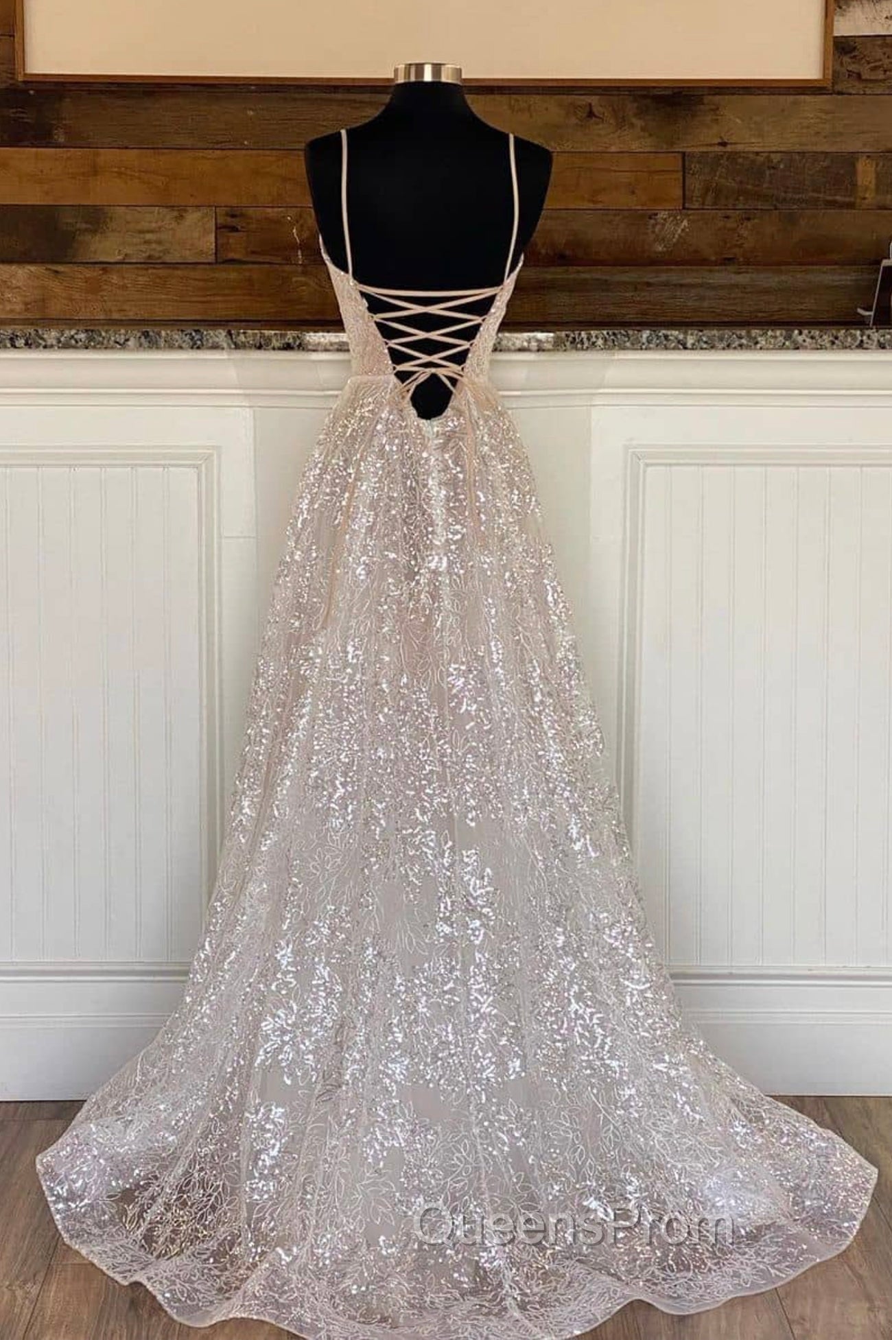 A-Line Tulle Sequins Long Evening Prom Dress, Spaghetti Strap Backless Evening Dress