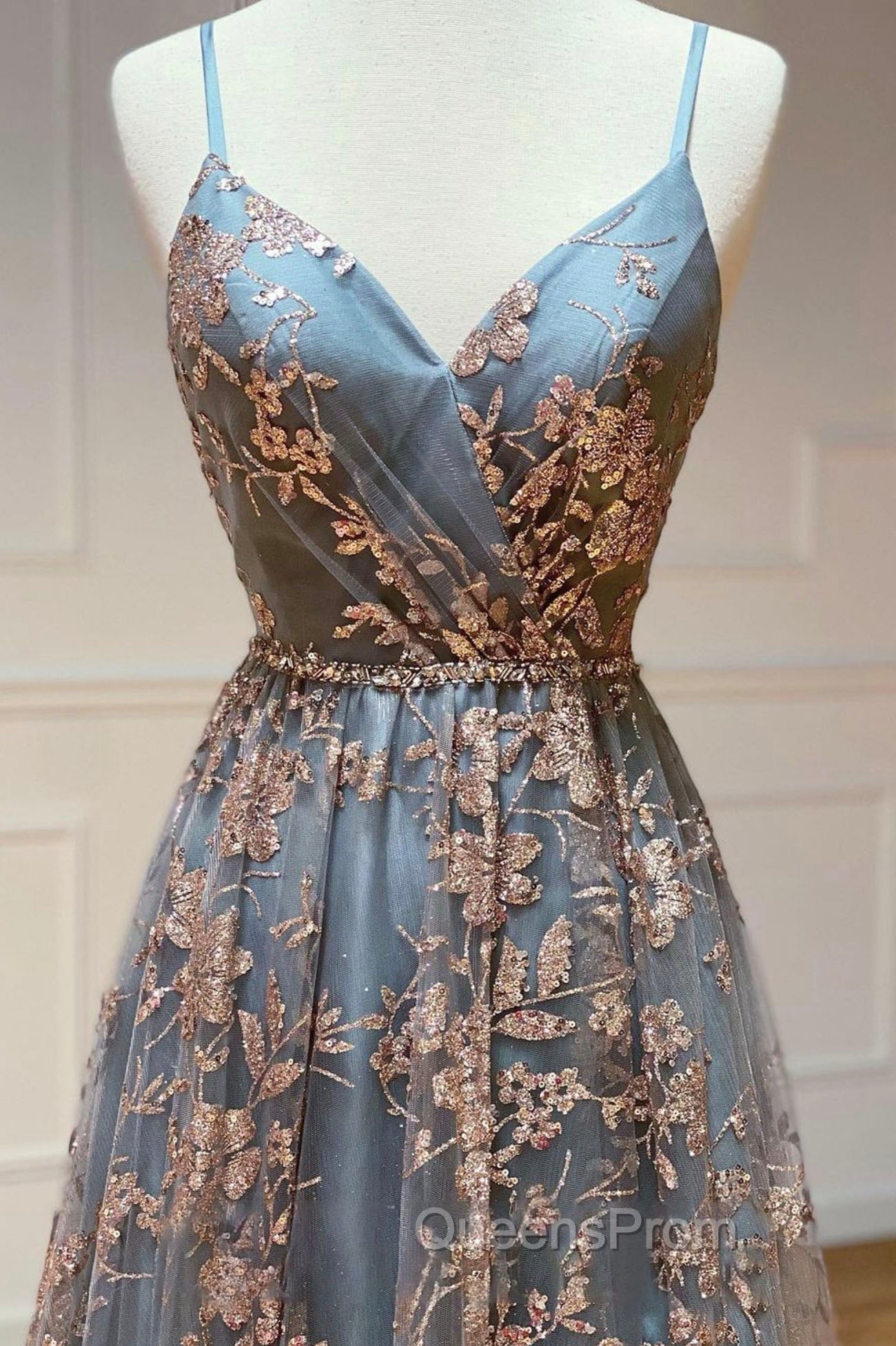 A-Line Tulle Sequins Long Evening Prom Dress, V-Neck Backless Evening Dress