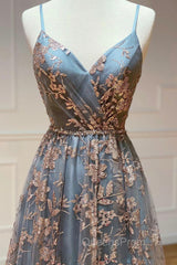 A-Line Tulle Sequins Long Evening Prom Dress, V-Neck Backless Evening Dress