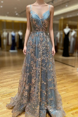 A-Line Tulle Sequins Long Evening Prom Dress, V-Neck Backless Evening Dress