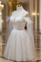 A Line Tulle Short Champagne Evening Prom Dress, Off Shoulder Lace Puffy Homecoming Dress