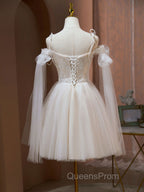 A Line Tulle Short Champagne Evening Prom Dress, Off Shoulder Lace Puffy Homecoming Dress