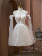 A Line Tulle Short Champagne Evening Prom Dress, Off Shoulder Lace Puffy Homecoming Dress