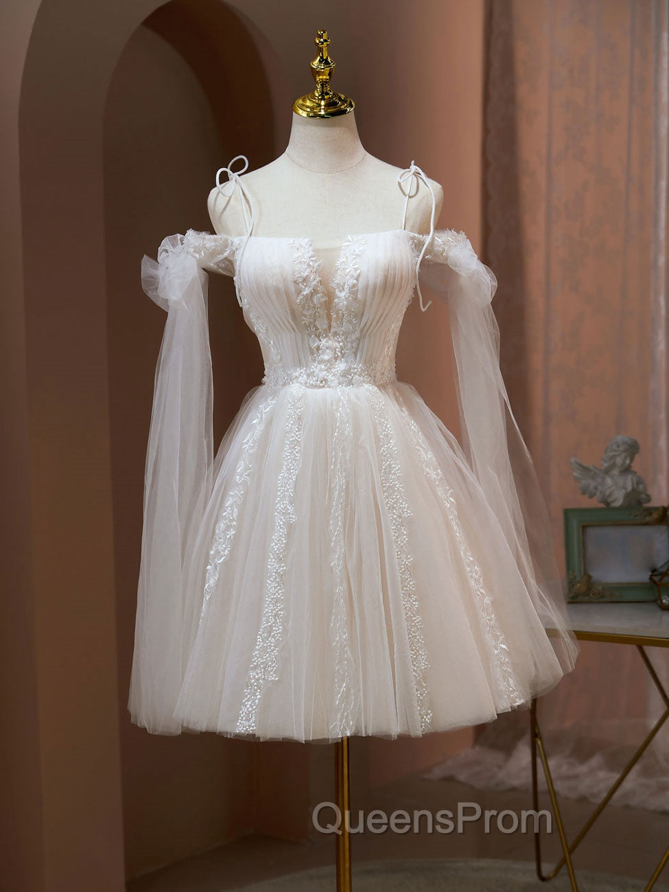 A Line Tulle Short Champagne Evening Prom Dress, Off Shoulder Lace Puffy Homecoming Dress