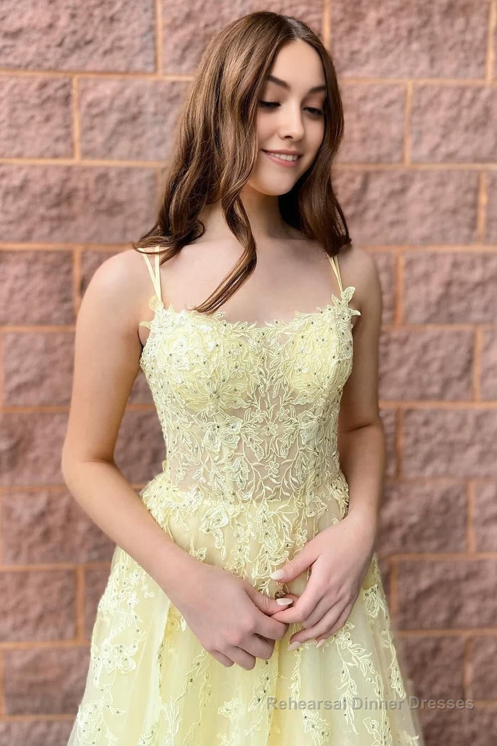 A-Line Tulle Spaghetti Straps Light Yellow Long Prom Dress with Appliques Main image