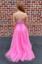 A-Line Tulle Spaghetti Straps Pink Long Prom Dress with Appliques