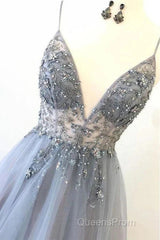 A Line Tulle Spaghetti Straps V Neck Appliques Long Evening Prom Dress Beautiful
