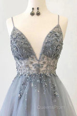 A Line Tulle Spaghetti Straps V Neck Appliques Long Evening Prom Dress Beautiful